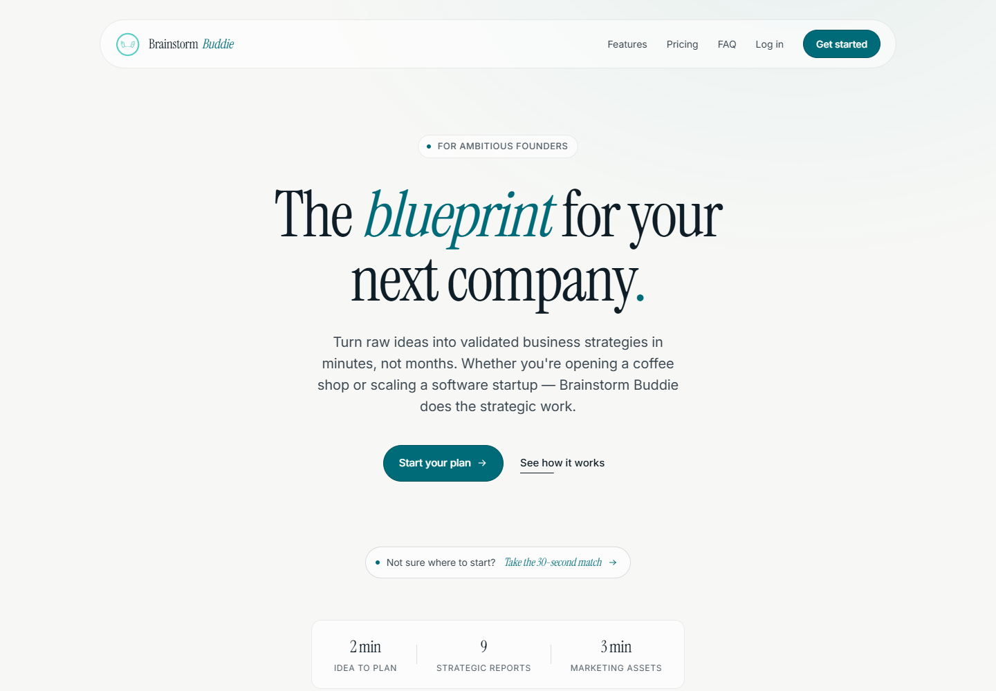 Brainstorm Buddie website, a strategy workspace for founders